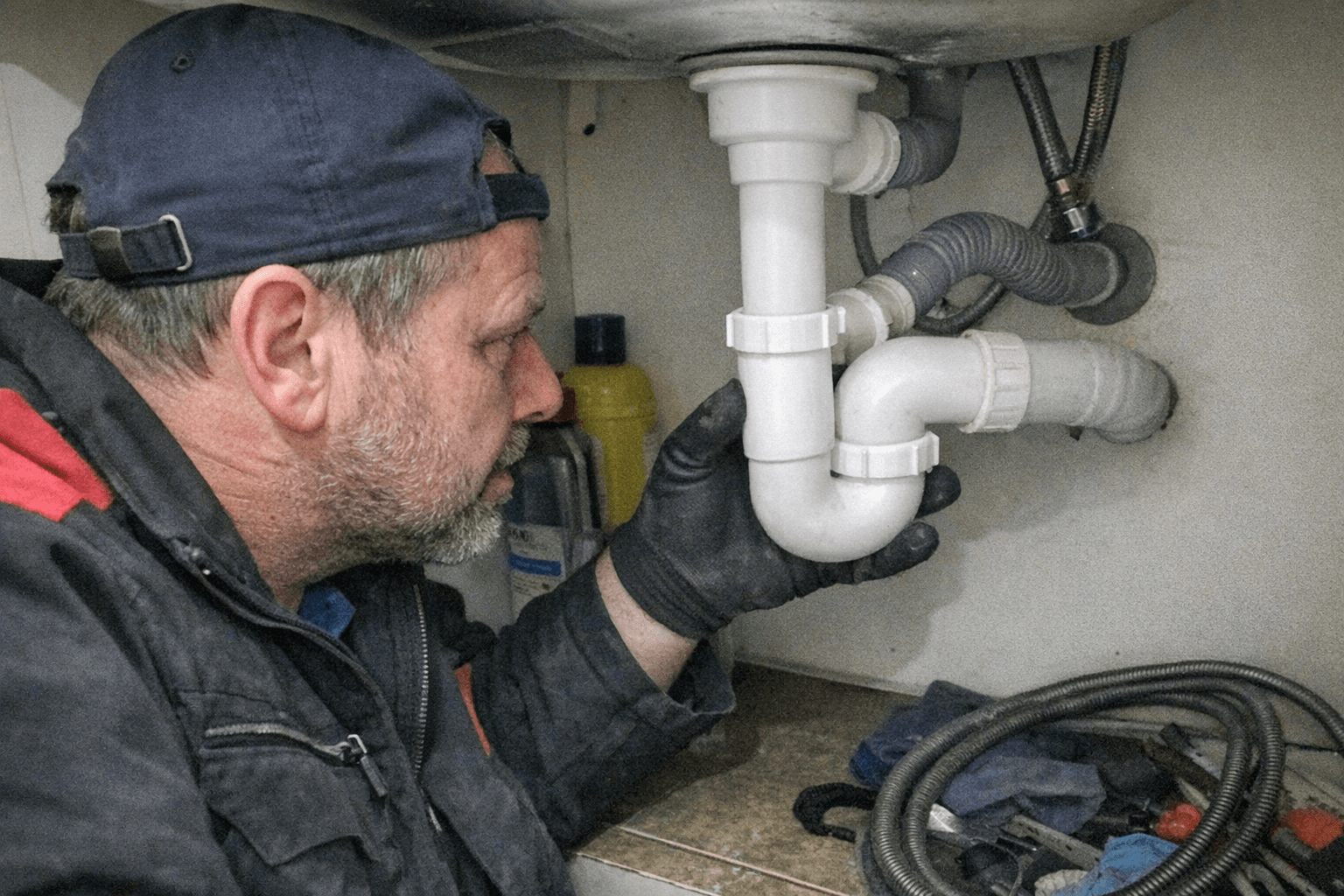 Fachmann prüft Siphon um unangenehme Gerüche zu stoppen