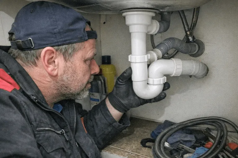 Techniker prüft einen Bodenablauf im Bad mit Schutzhandschuhen
