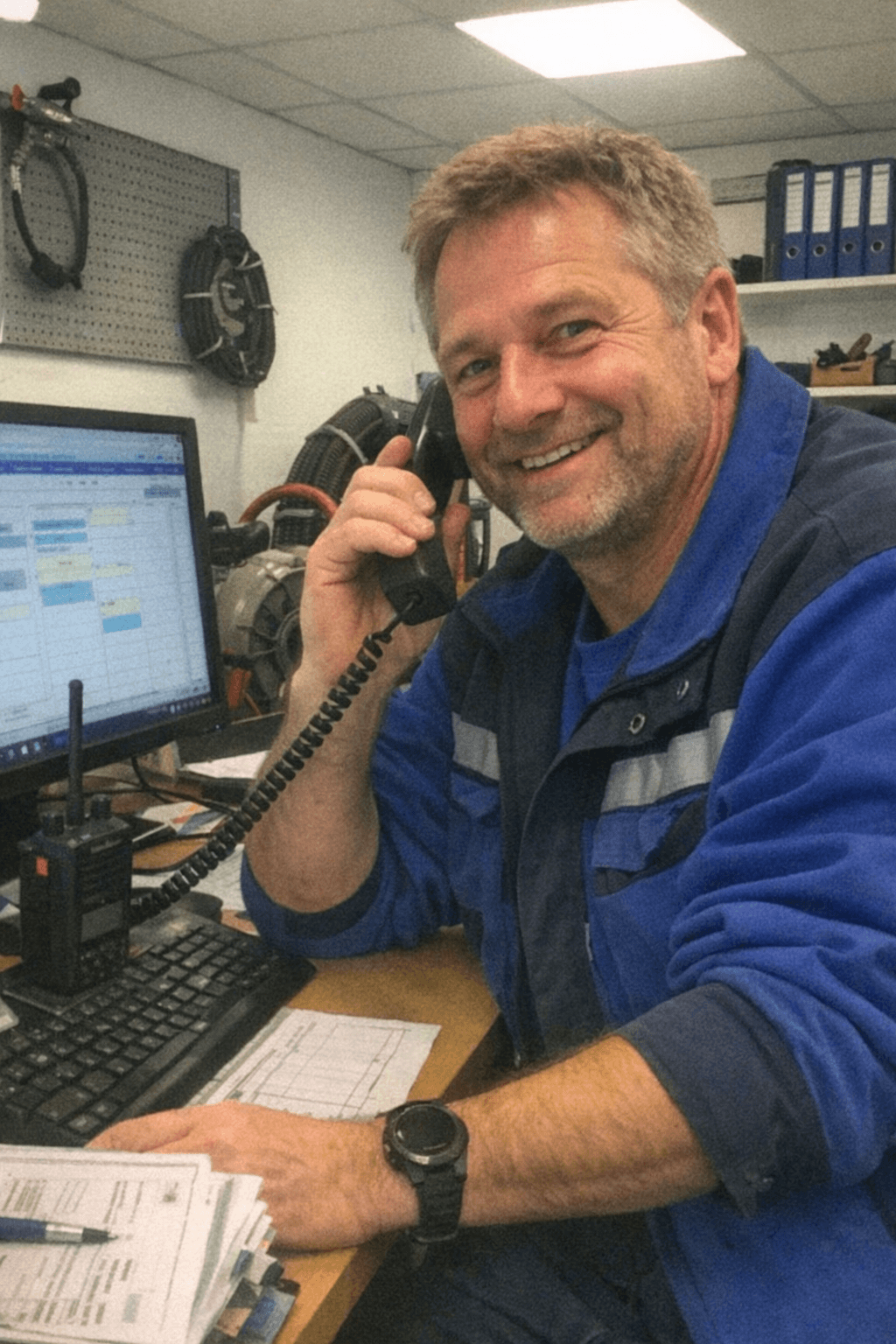 Freundlicher Disponent nimmt Kundenanruf am Telefon entgegen