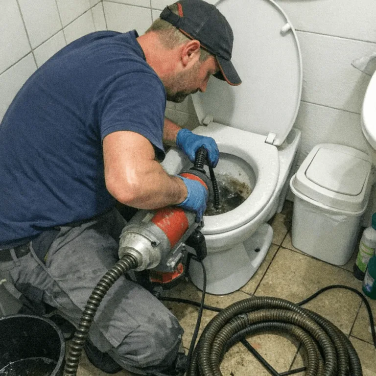 Monteur öffnet eine Toilettenleitung mit professioneller Spirale im Badezimmer
