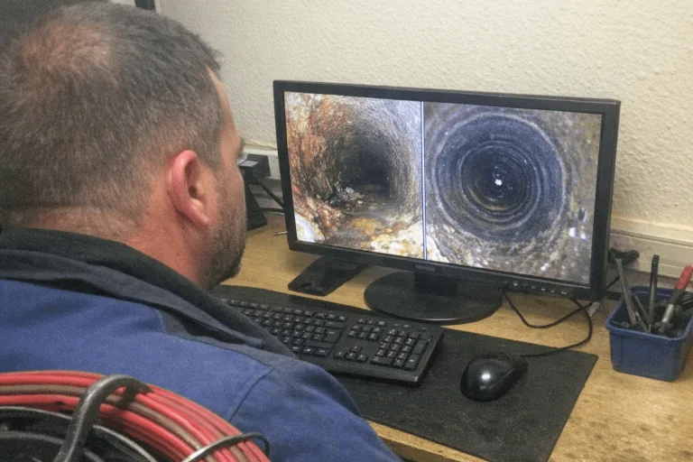 Bildschirm mit Innenansicht einer Abwasserleitung während der Kameraprüfung