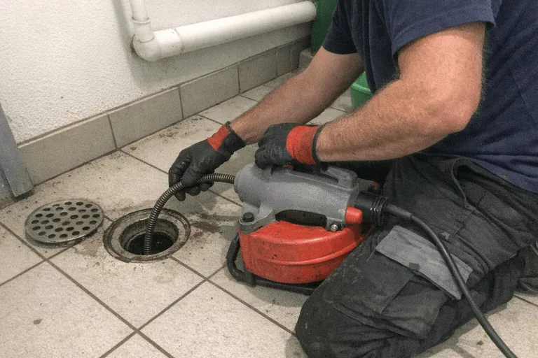 Rohrreiniger legt Schutzvlies im Bad aus und bereitet seine Geräte vor